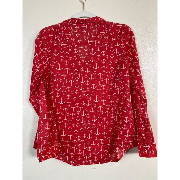 Old Navy Womens Red Anchor Print Button Up Shirt size Small Nautical sailor Ligh - Picture 2 of 15